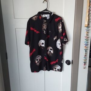 Friday The 13th Masked Jason Voorhees Black Button Up Short Sleeve Shirt Size XL